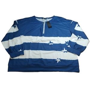 New Sheilay Pullover Top Blue White Striped Stars Qtr Zip Activewear Plus XXL